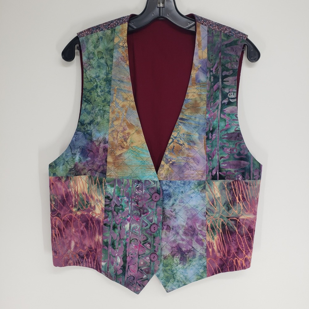 Vintage Handmade Quilted Patchwork Batik Vest Women Medium Multicolor Boho Artsy